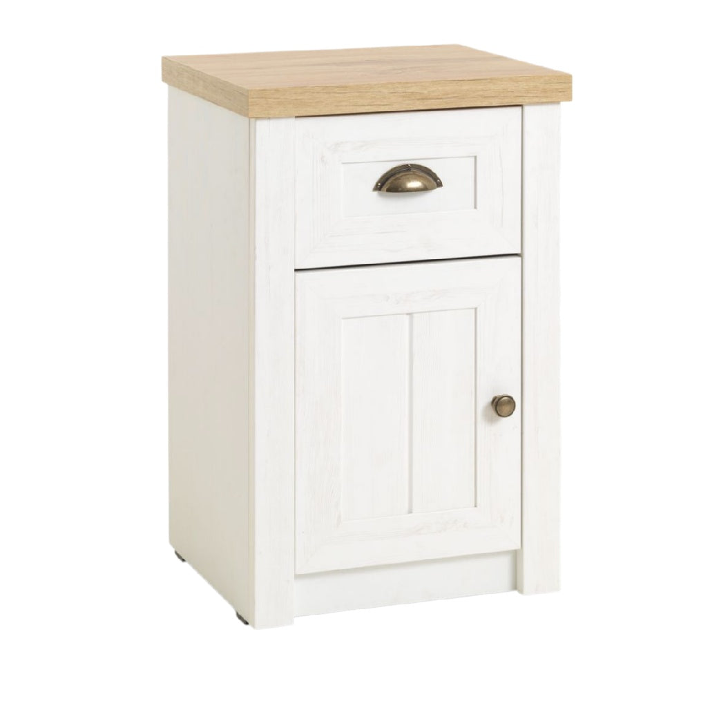 Mobiletto da Comodino in Legno Bianco con Piano in Betulla e Cassetto