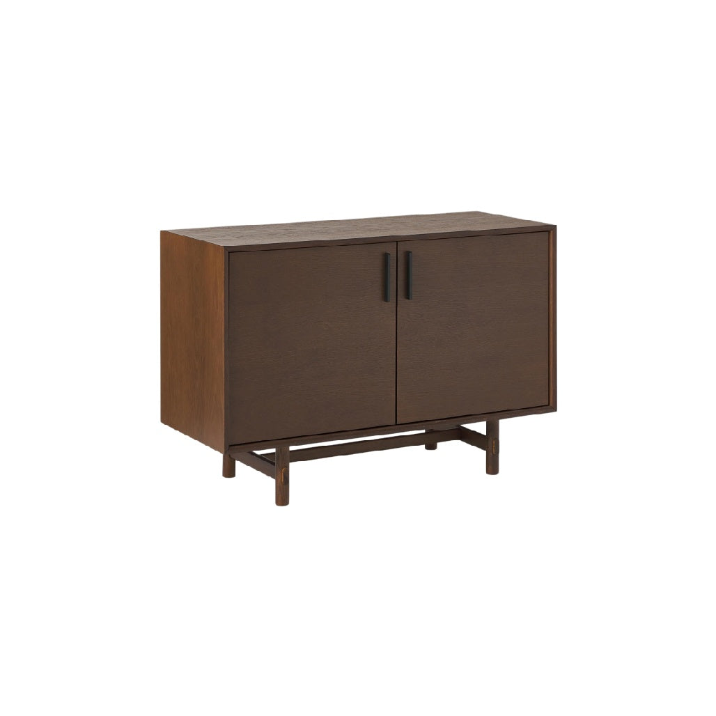 **Mobiletto in legno scuro con ante e struttura in metallo**